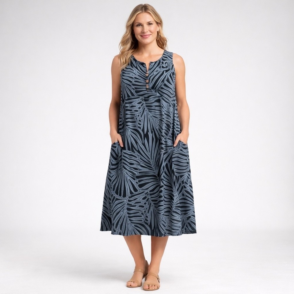 Lost River Tropical Floral Shift Dress Womens XL Gray Black Crinkle Pockets